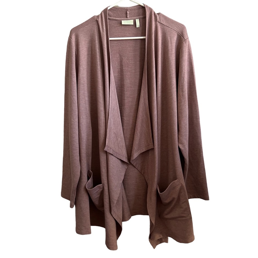LOGO Lori Goldstein Mauve Open Front Waterfall Cardigan Pockets Z11
